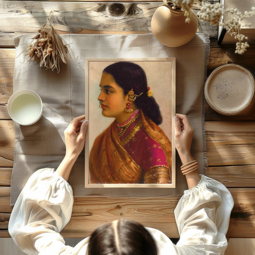 This stunning artwork captures the timeless beauty of a traditional Indian woman, adorned in for decor