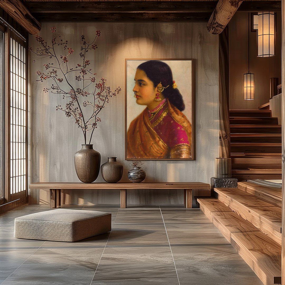 This stunning artwork captures the timeless beauty of a traditional Indian woman, adorned in for Hall