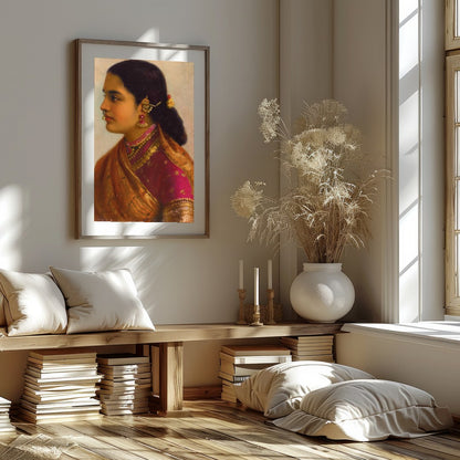 This stunning artwork captures the timeless beauty of a traditional Indian woman, adorned in for interior