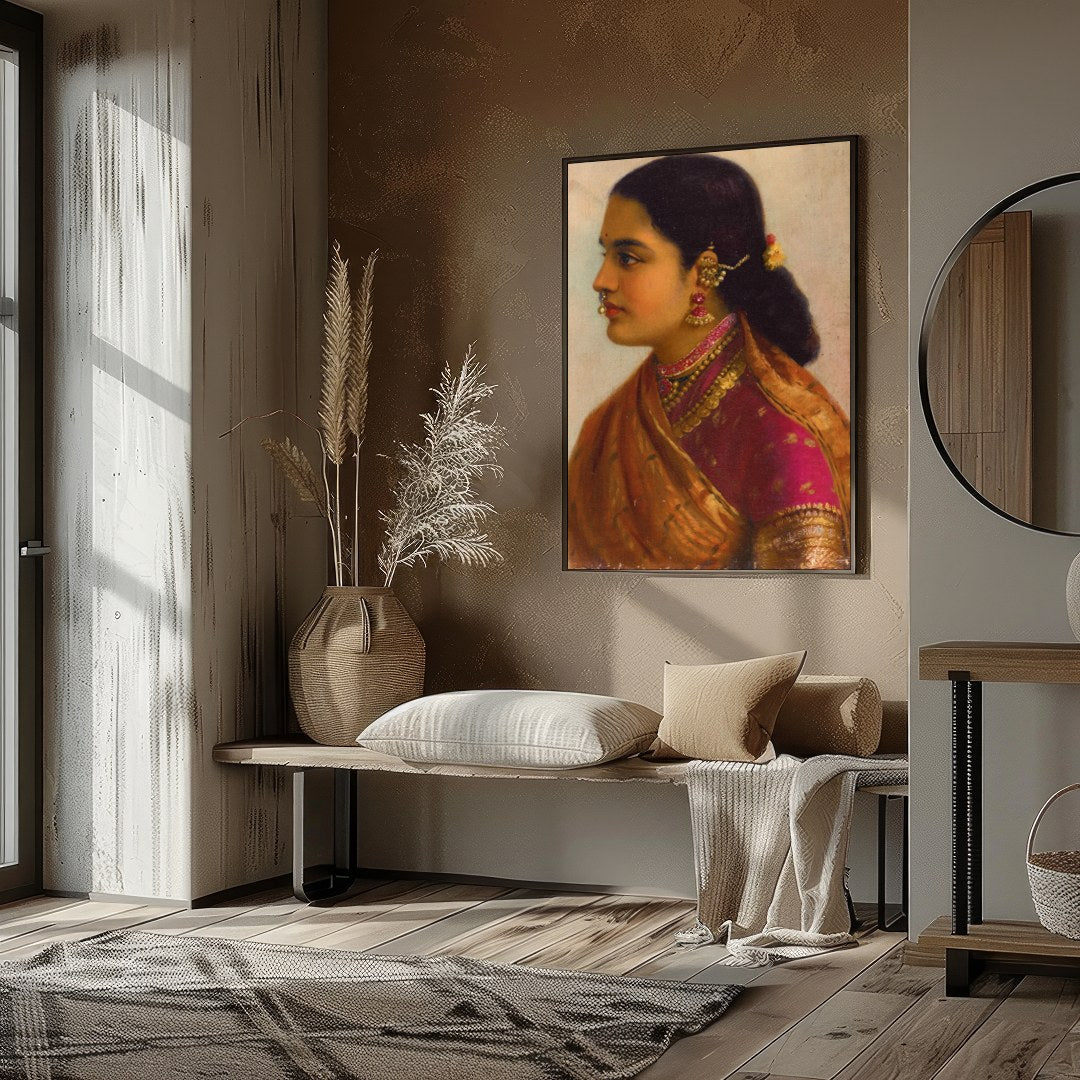 This stunning artwork captures the timeless beauty of a traditional Indian woman, adorned in for kitchen