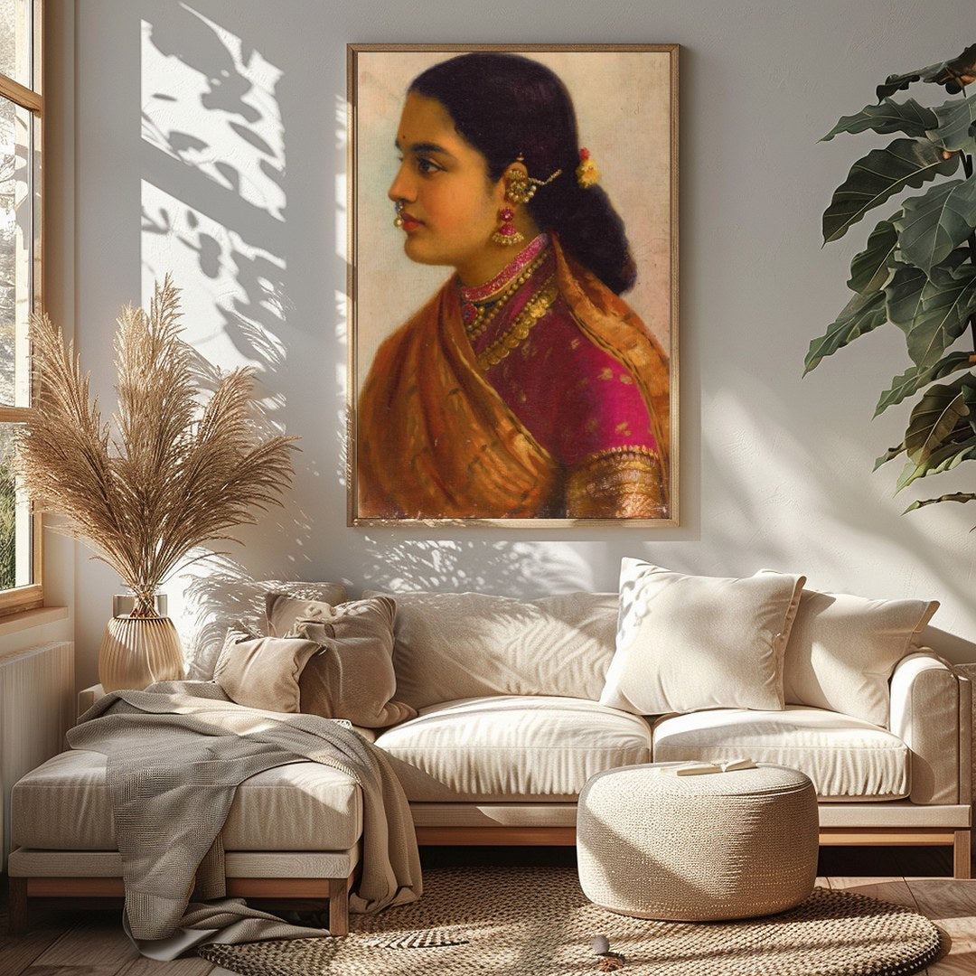 This stunning artwork captures the timeless beauty of a traditional Indian woman, adorned in for Sitting Area