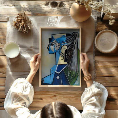 Portrait of Sylvette David in Blue Painting available online at Paintroad showing abstract portrait art collector and art gallery