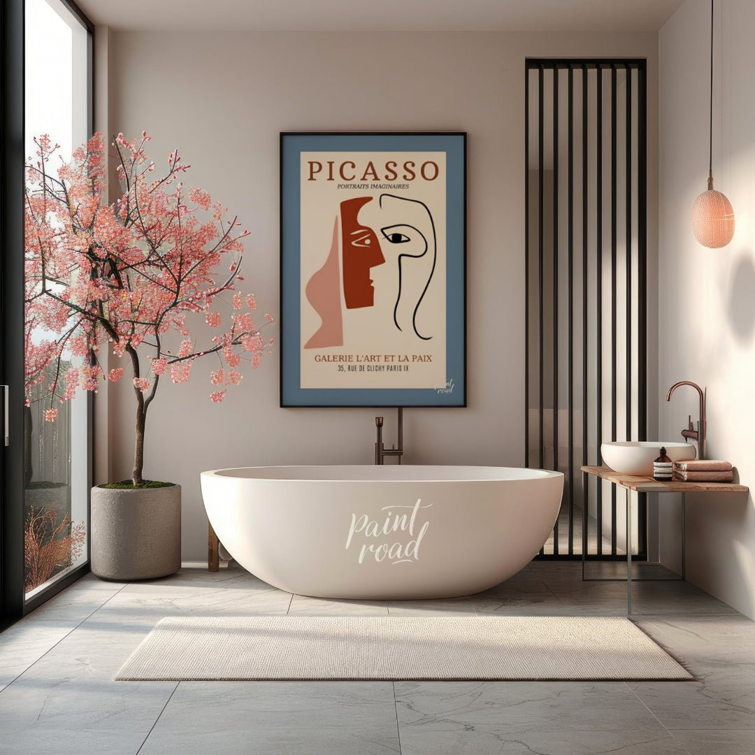 This captivating exhibition poster advertises “PICASSO PORTRAITS IMAGINAIRES” at GALERIE L’ART ET L… for bathroom