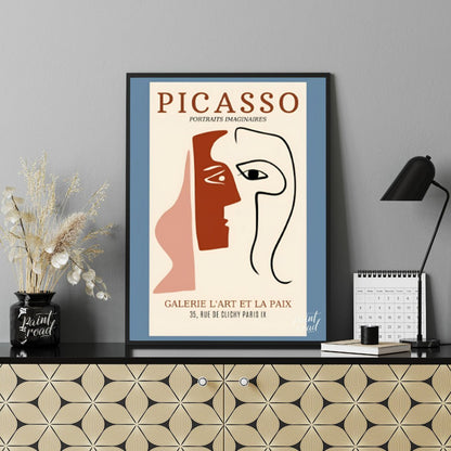 This captivating exhibition poster advertises “PICASSO PORTRAITS IMAGINAIRES” at GALERIE L’ART ET L… for office