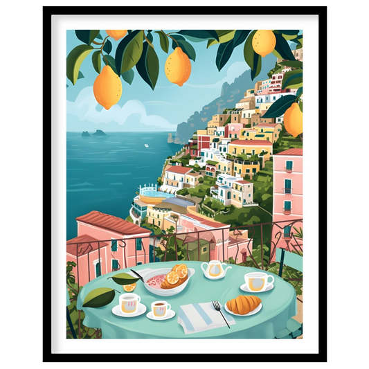This vibrant digital illustration captures the essence of Positano, Italy, with its colorful hillsi… for space
