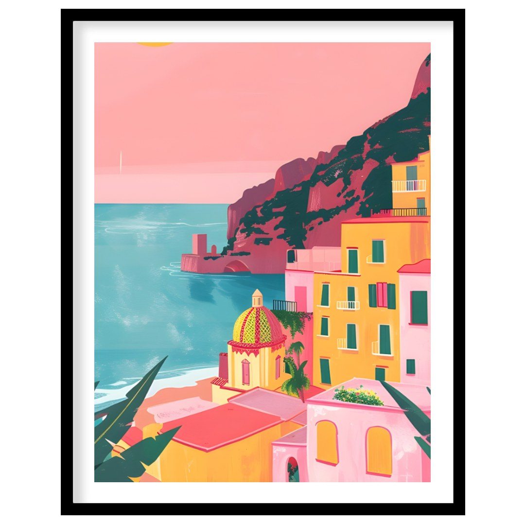 This vibrant digital illustration captures the beauty of Positano, Italy, at sunset. The pastel pin… for sweet home