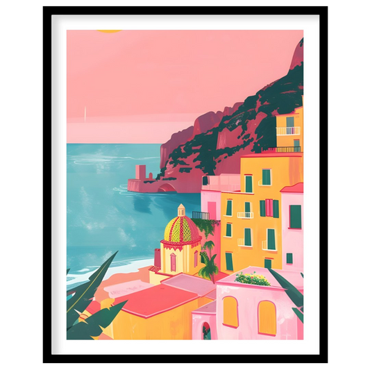 This vibrant digital illustration captures the beauty of Positano, Italy, at sunset. The pastel pin… for sweet home