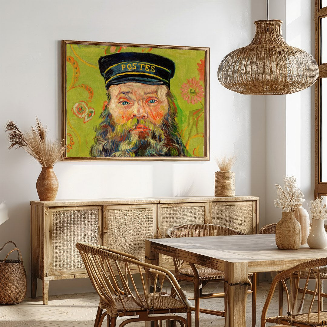 This captivating piece brings a vivid portrayal of a postman set against a whimsical floral for Dining