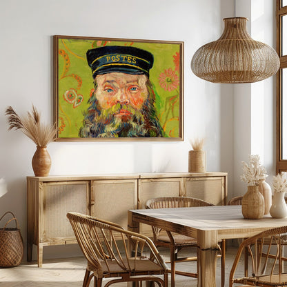 This captivating piece brings a vivid portrayal of a postman set against a whimsical floral for Dining