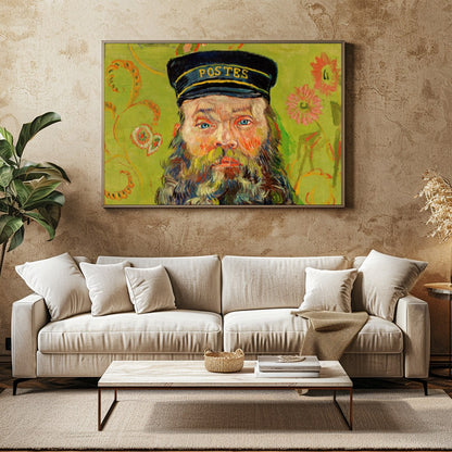 This captivating piece brings a vivid portrayal of a postman set against a whimsical floral for Family Room