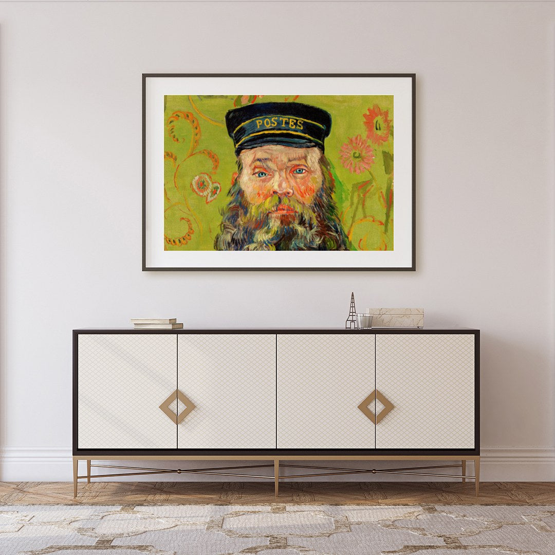 This captivating piece brings a vivid portrayal of a postman set against a whimsical floral for Foyer
