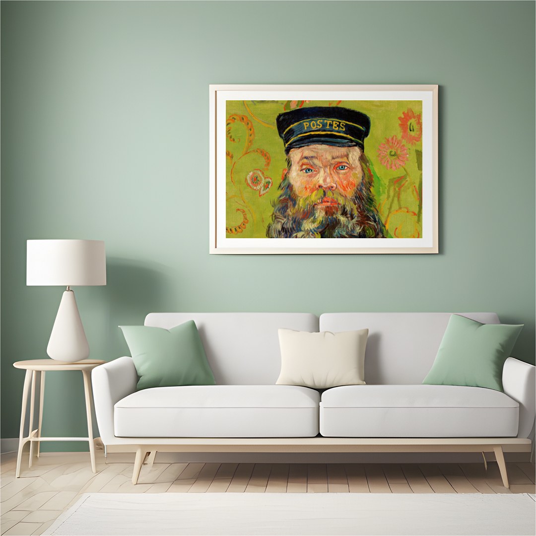This captivating piece brings a vivid portrayal of a postman set against a whimsical floral for Hall