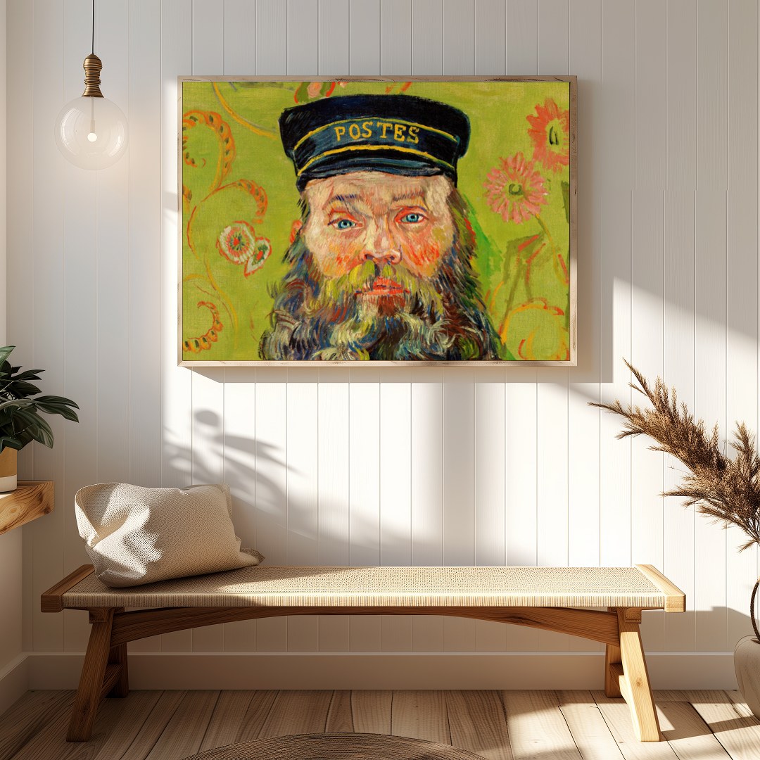 This captivating piece brings a vivid portrayal of a postman set against a whimsical floral for Hallway