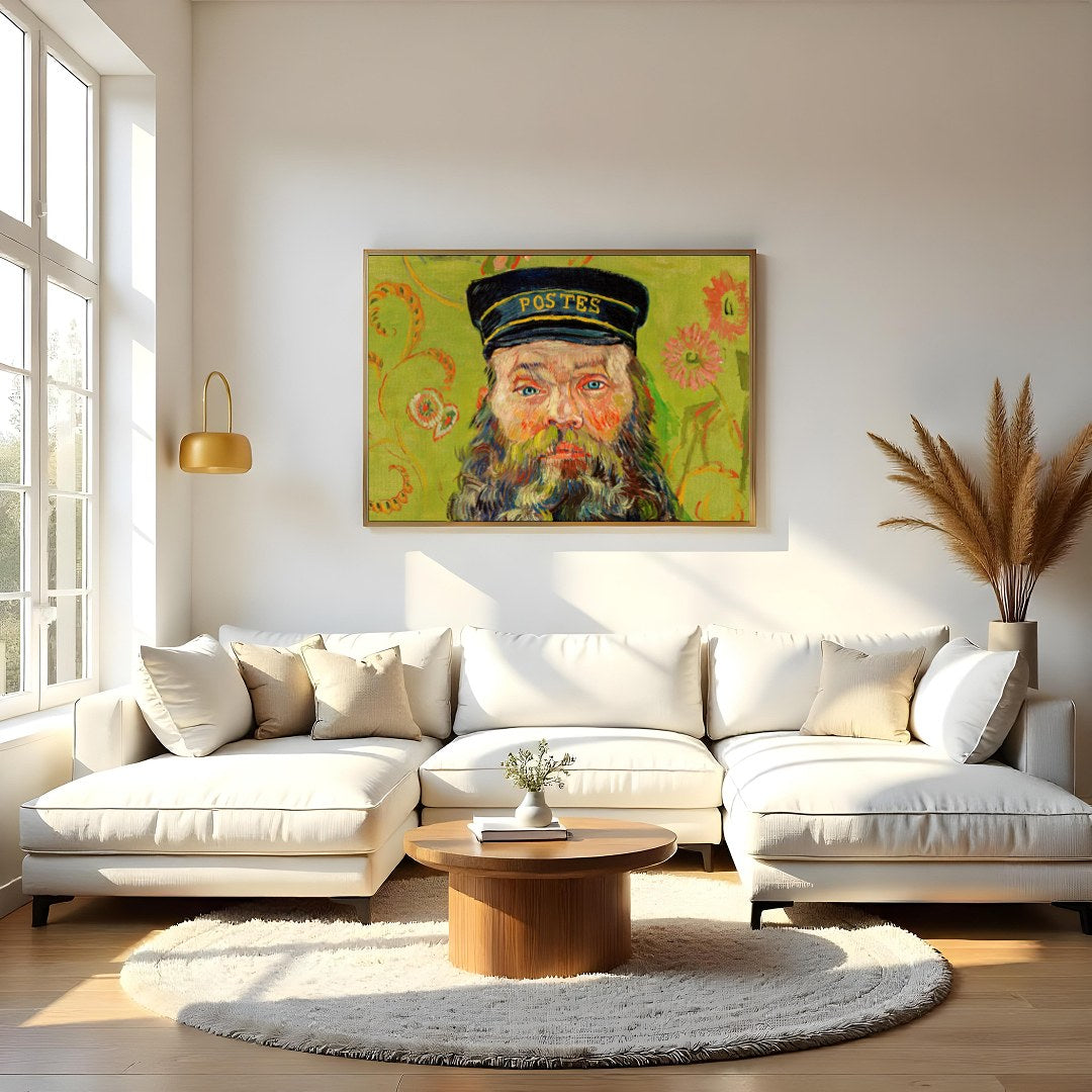 This captivating piece brings a vivid portrayal of a postman set against a whimsical floral for Living Room