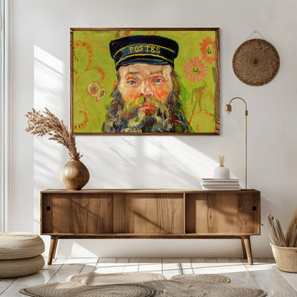This captivating piece brings a vivid portrayal of a postman set against a whimsical floral for Sitting Area