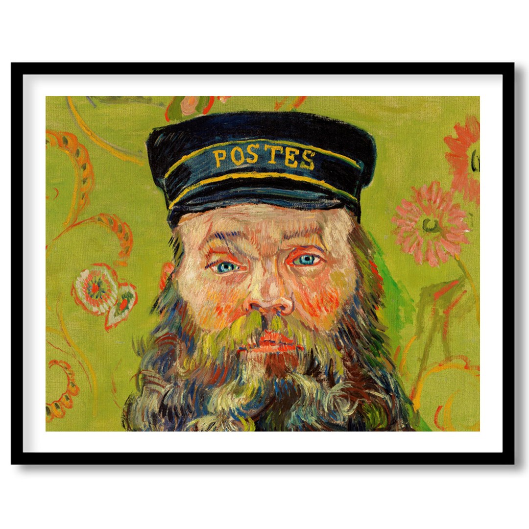 This captivating piece brings a vivid portrayal of a postman set against a whimsical floral for space