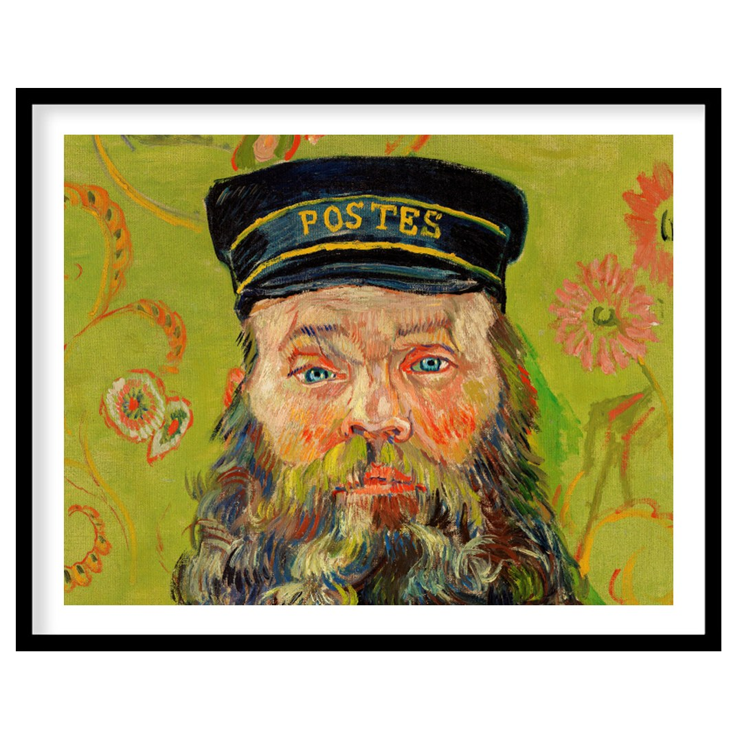 This captivating piece brings a vivid portrayal of a postman set against a whimsical floral for space