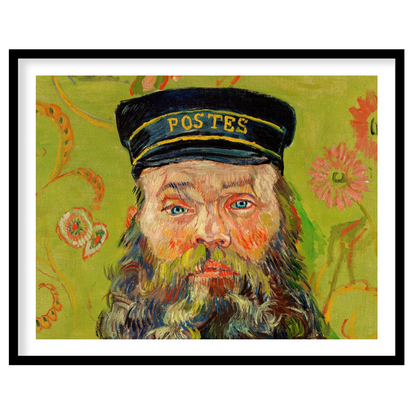 This captivating piece brings a vivid portrayal of a postman set against a whimsical floral for space