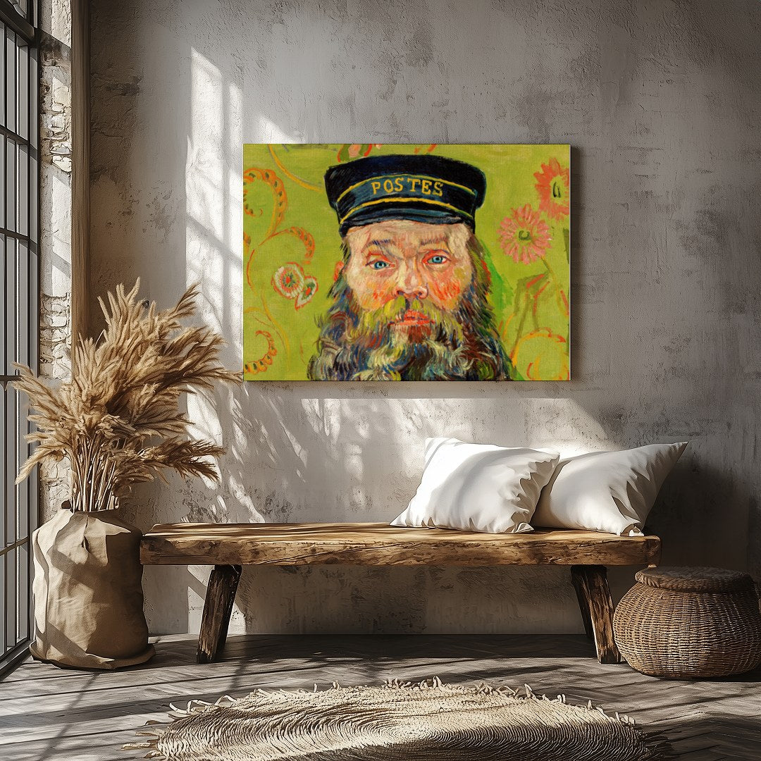 This captivating piece brings a vivid portrayal of a postman set against a whimsical floral for Veranda