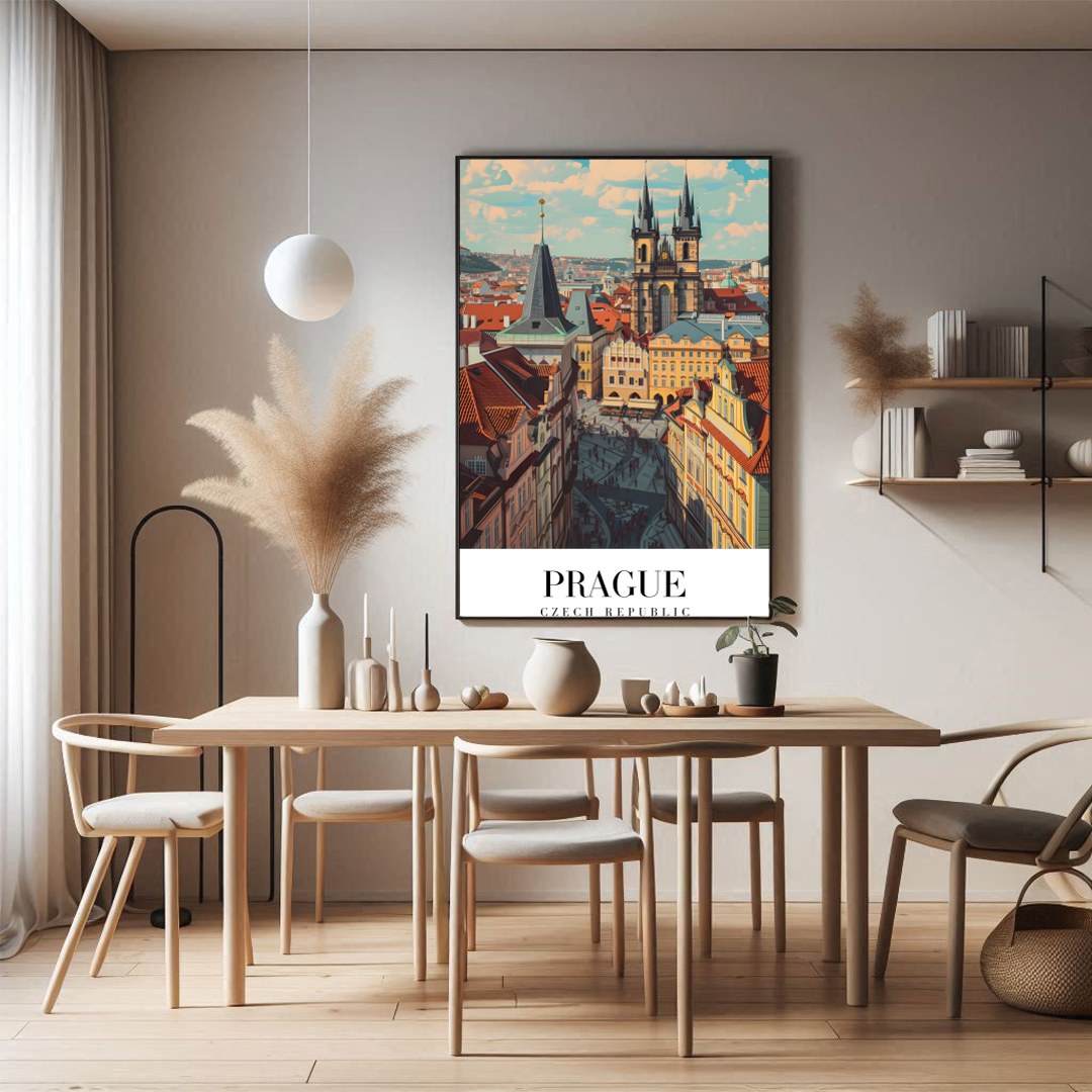 Experience the enchanting allure of Prague with this captivating wall art. Featuring the city's for Dining