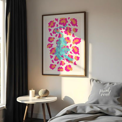 This incredibly vibrant and playfully designed art print features a dynamic, stylized tiger rendere… for bedroom