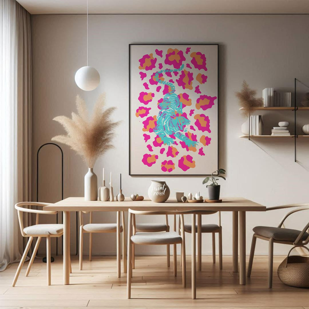 This incredibly vibrant and playfully designed art print features a dynamic, stylized tiger rendere… for dining room