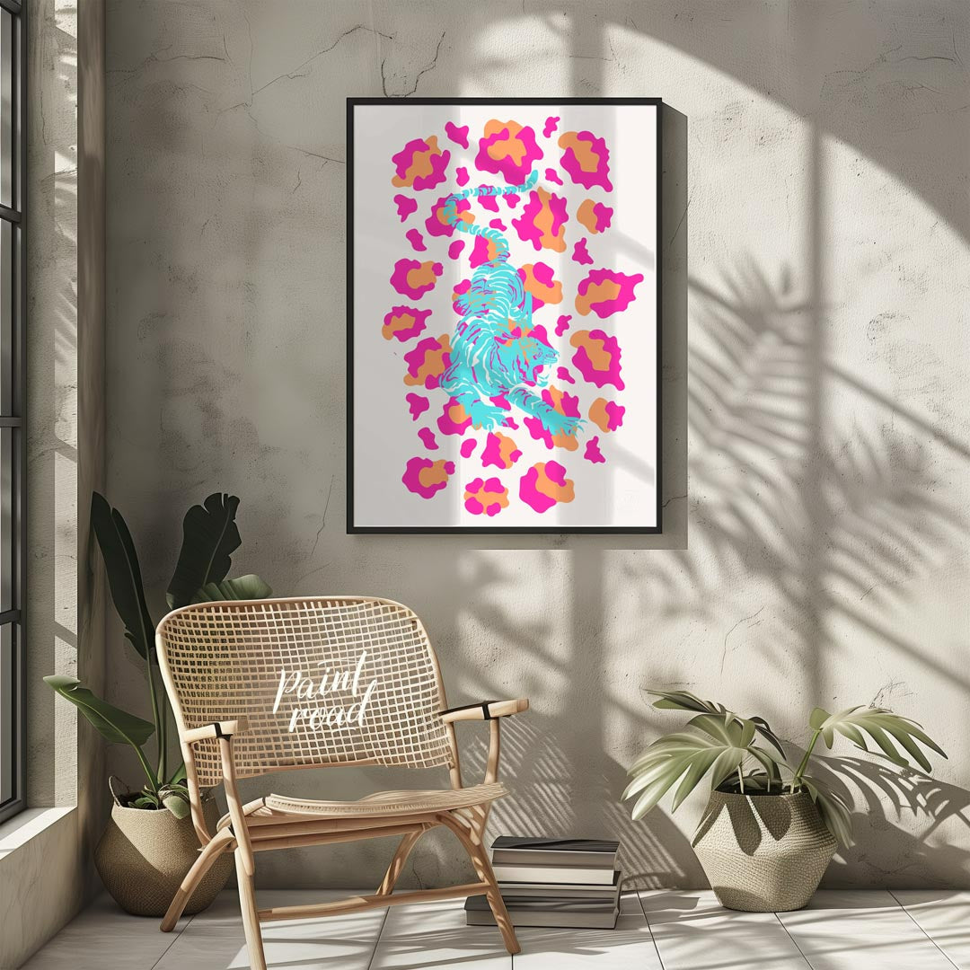 This incredibly vibrant and playfully designed art print features a dynamic, stylized tiger rendere… for living room