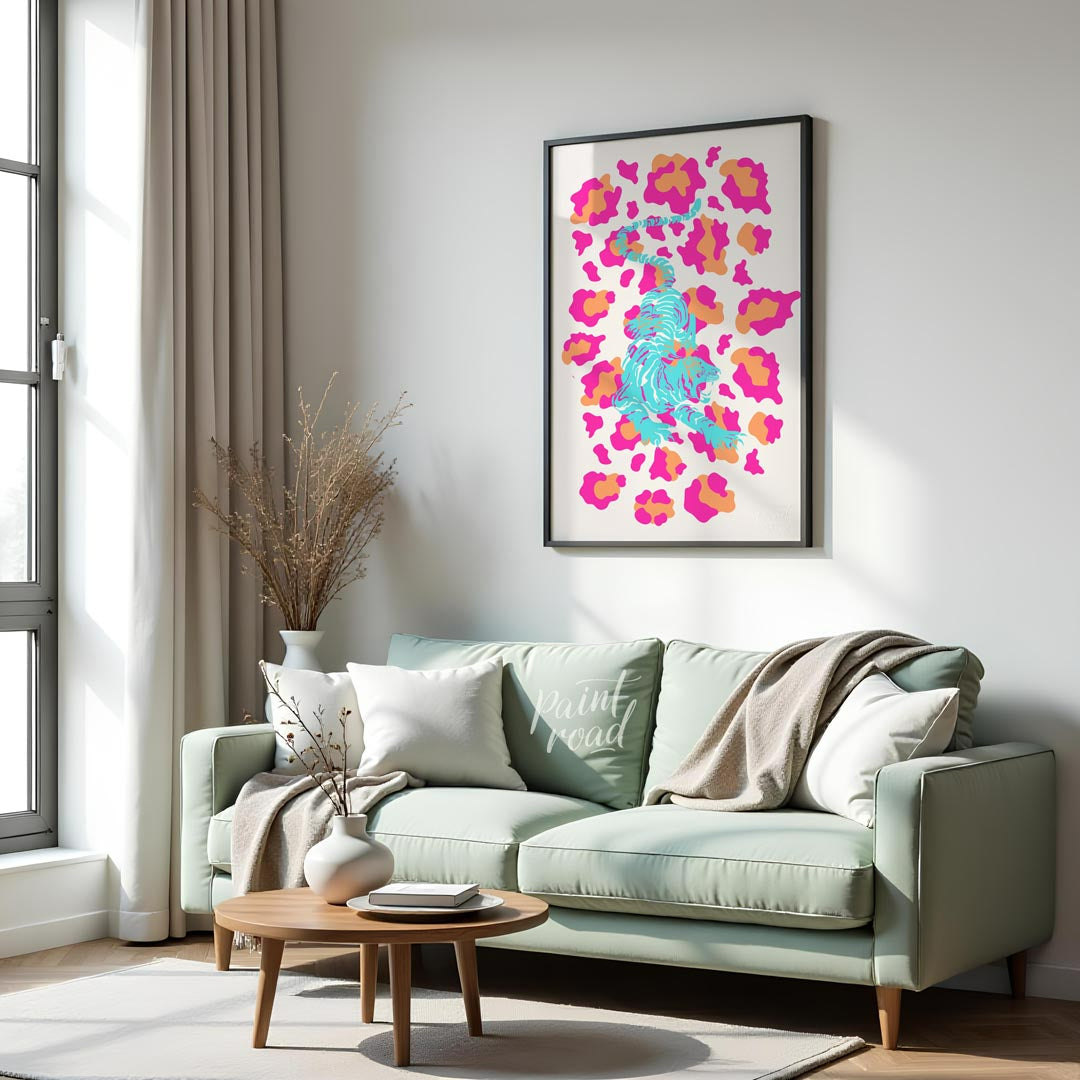 This incredibly vibrant and playfully designed art print features a dynamic, stylized tiger rendere… for living room