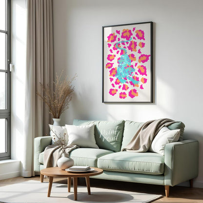 This incredibly vibrant and playfully designed art print features a dynamic, stylized tiger rendere… for living room