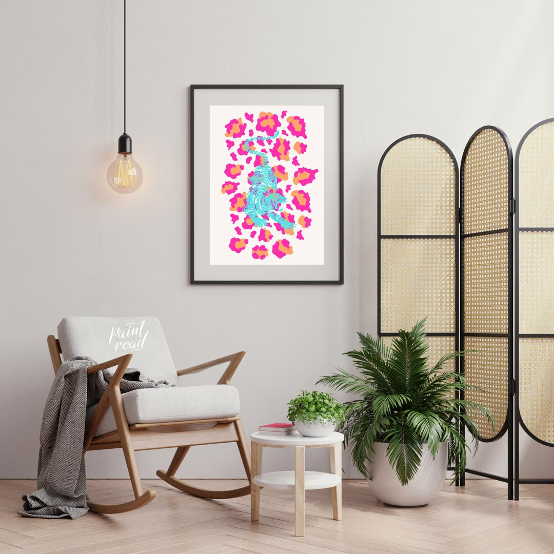 This incredibly vibrant and playfully designed art print features a dynamic, stylized tiger rendere… for living room