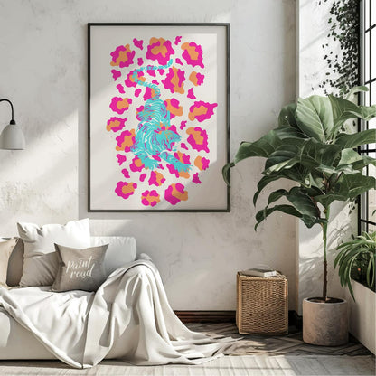 This incredibly vibrant and playfully designed art print features a dynamic, stylized tiger rendere… for living room