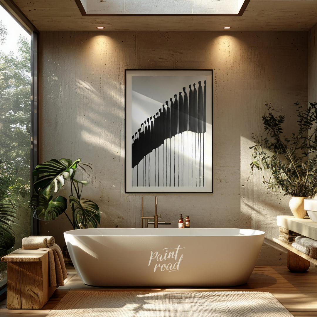 """Procession"" presents a striking abstract composition featuring a line of silhouetted figures re… for bathroom