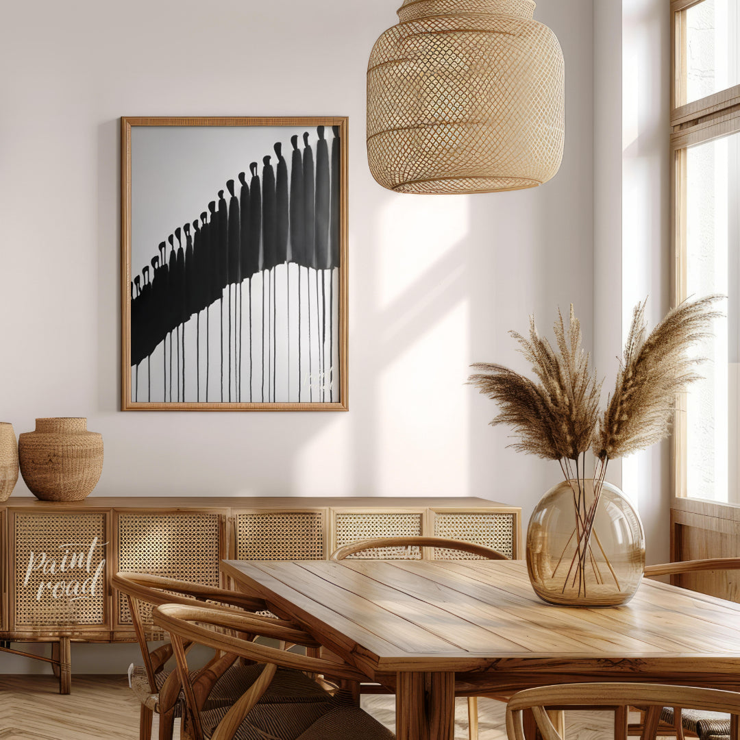 """Procession"" presents a striking abstract composition featuring a line of silhouetted figures re… for dining room