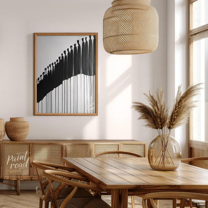 """Procession"" presents a striking abstract composition featuring a line of silhouetted figures re… for dining room