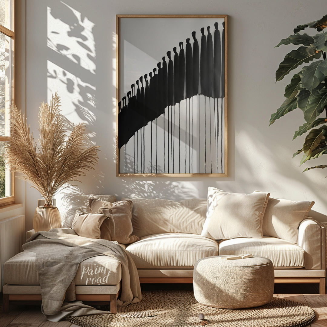"""Procession"" presents a striking abstract composition featuring a line of silhouetted figures re… for living room