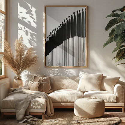 """Procession"" presents a striking abstract composition featuring a line of silhouetted figures re… for living room