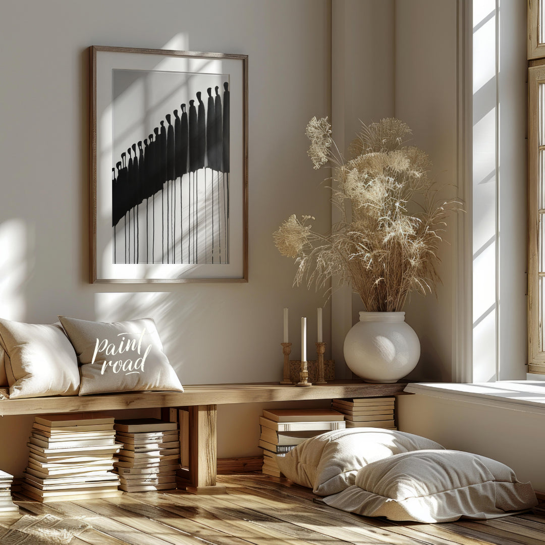 """Procession"" presents a striking abstract composition featuring a line of silhouetted figures re… for living room