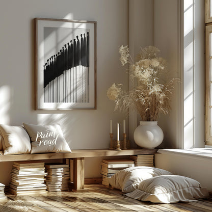 """Procession"" presents a striking abstract composition featuring a line of silhouetted figures re… for living room