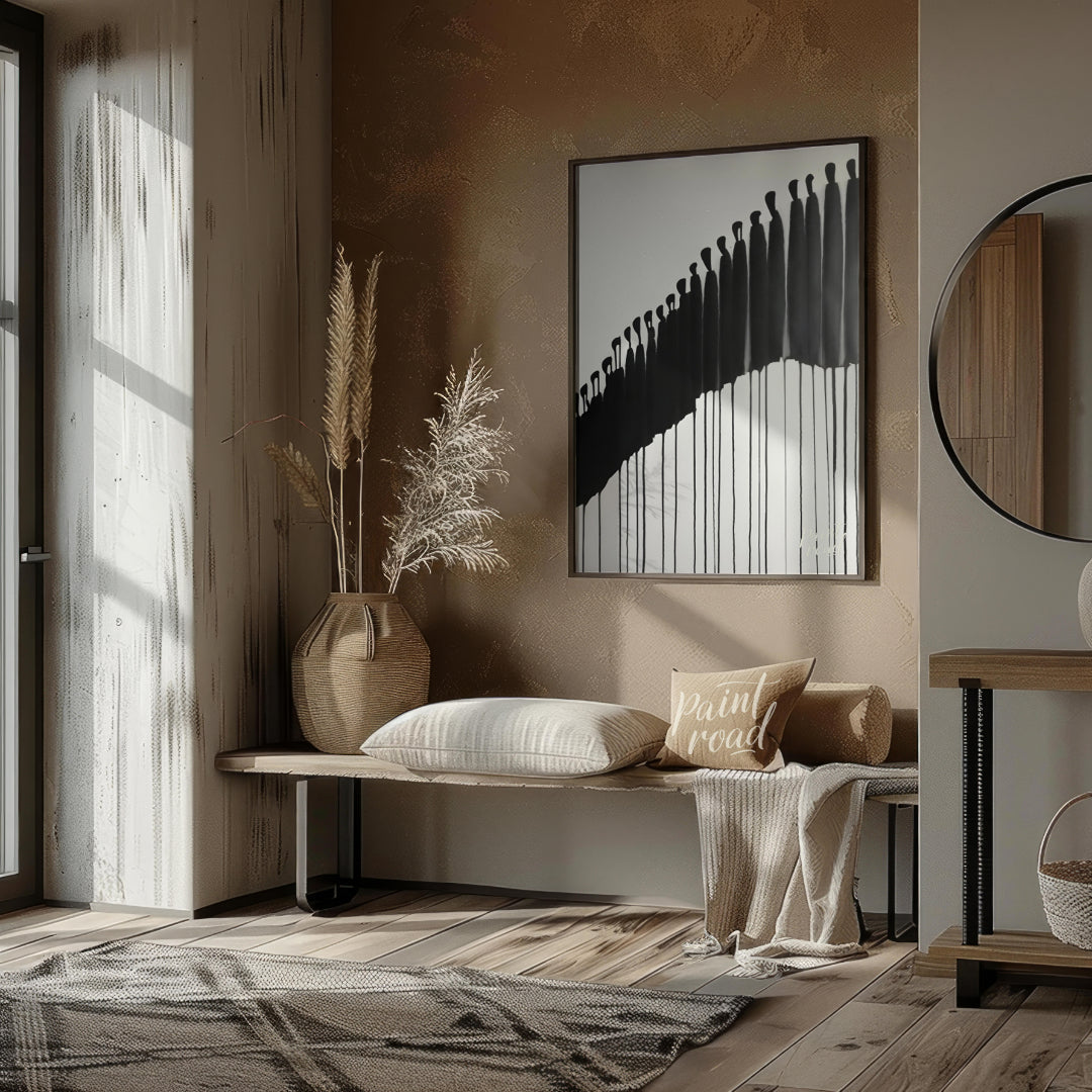 """Procession"" presents a striking abstract composition featuring a line of silhouetted figures re… for living room
