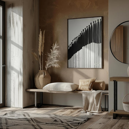 """Procession"" presents a striking abstract composition featuring a line of silhouetted figures re… for living room