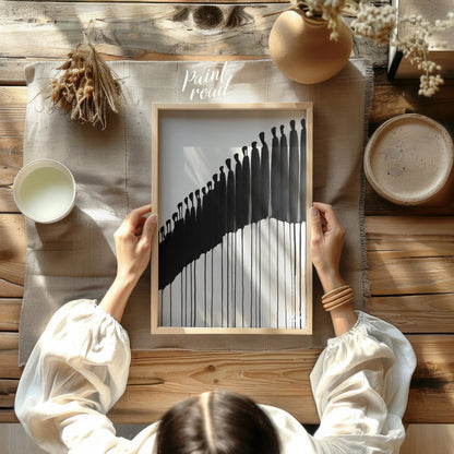 """Procession"" presents a striking abstract composition featuring a line of silhouetted figures re… for other