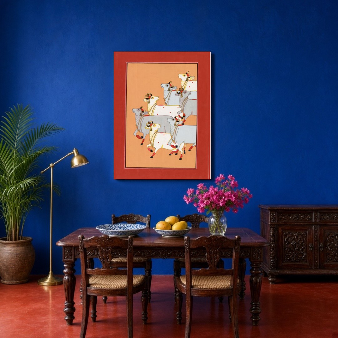 Immerse yourself in the timeless elegance of Pichwai with this striking artwork featuring a for Dining