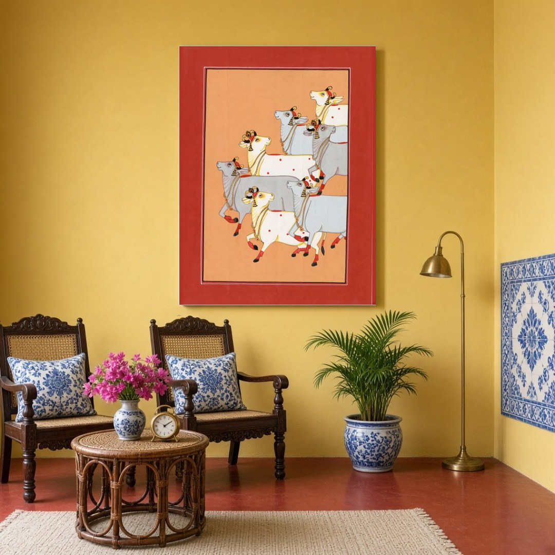 Immerse yourself in the timeless elegance of Pichwai with this striking artwork featuring a for Sitting Area