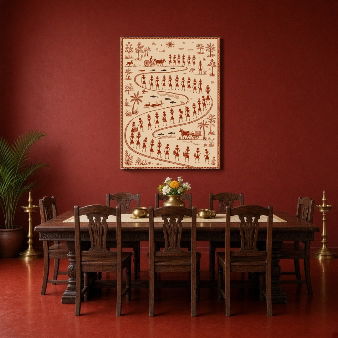 Immerse yourself in the vibrant tapestry of village life with this exquisite Warli Art print. for Dining