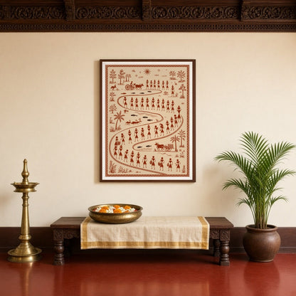 Immerse yourself in the vibrant tapestry of village life with this exquisite Warli Art print. for Entrance
