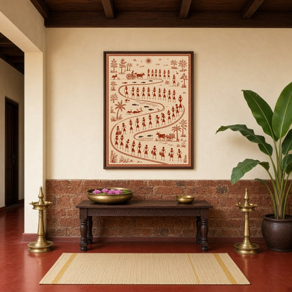 Immerse yourself in the vibrant tapestry of village life with this exquisite Warli Art print. for Hallway