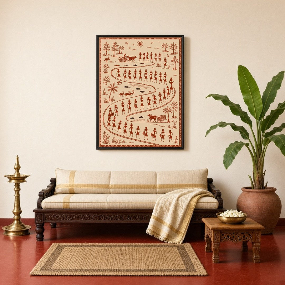 Immerse yourself in the vibrant tapestry of village life with this exquisite Warli Art print. for Living Room
