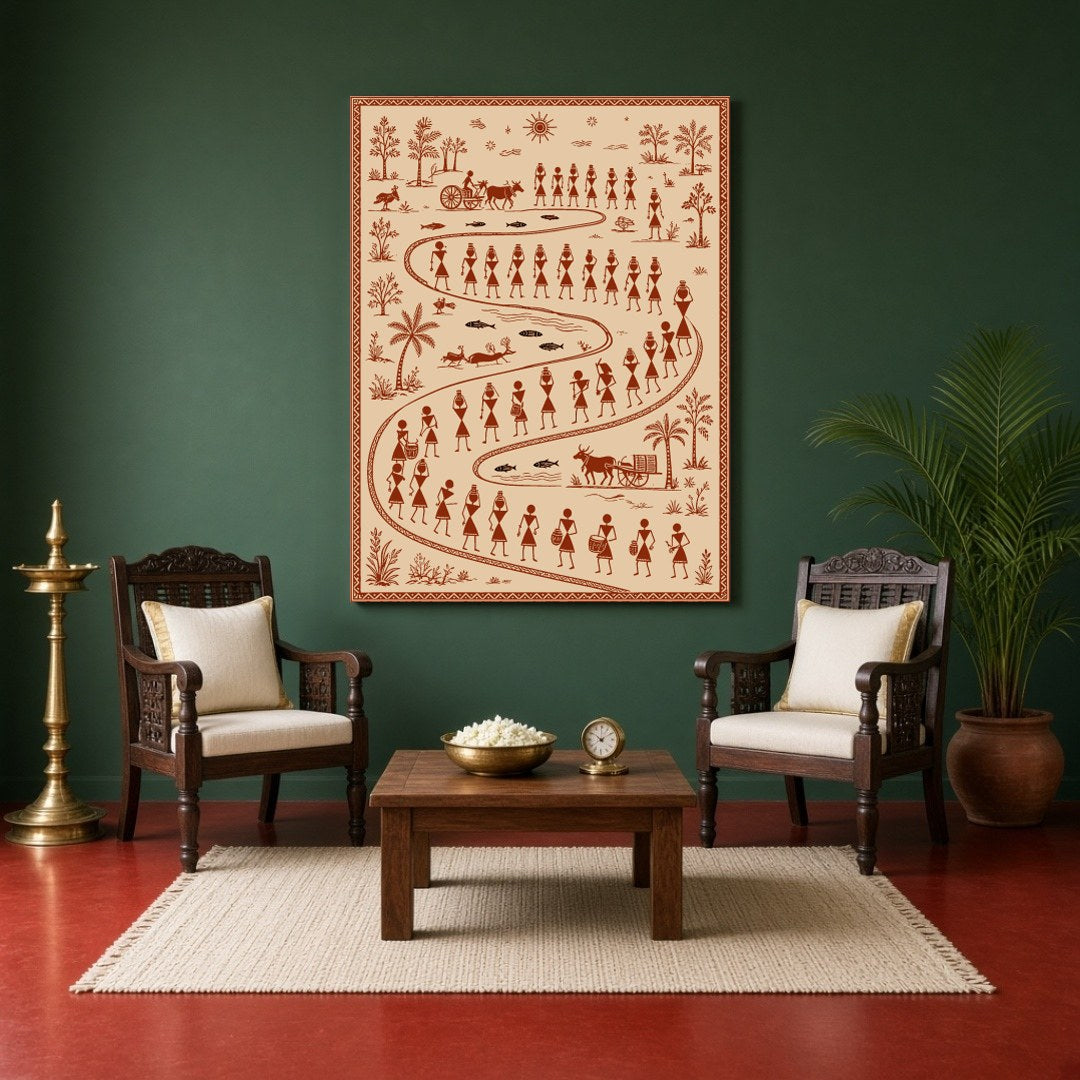 Immerse yourself in the vibrant tapestry of village life with this exquisite Warli Art print. for Sitting Area