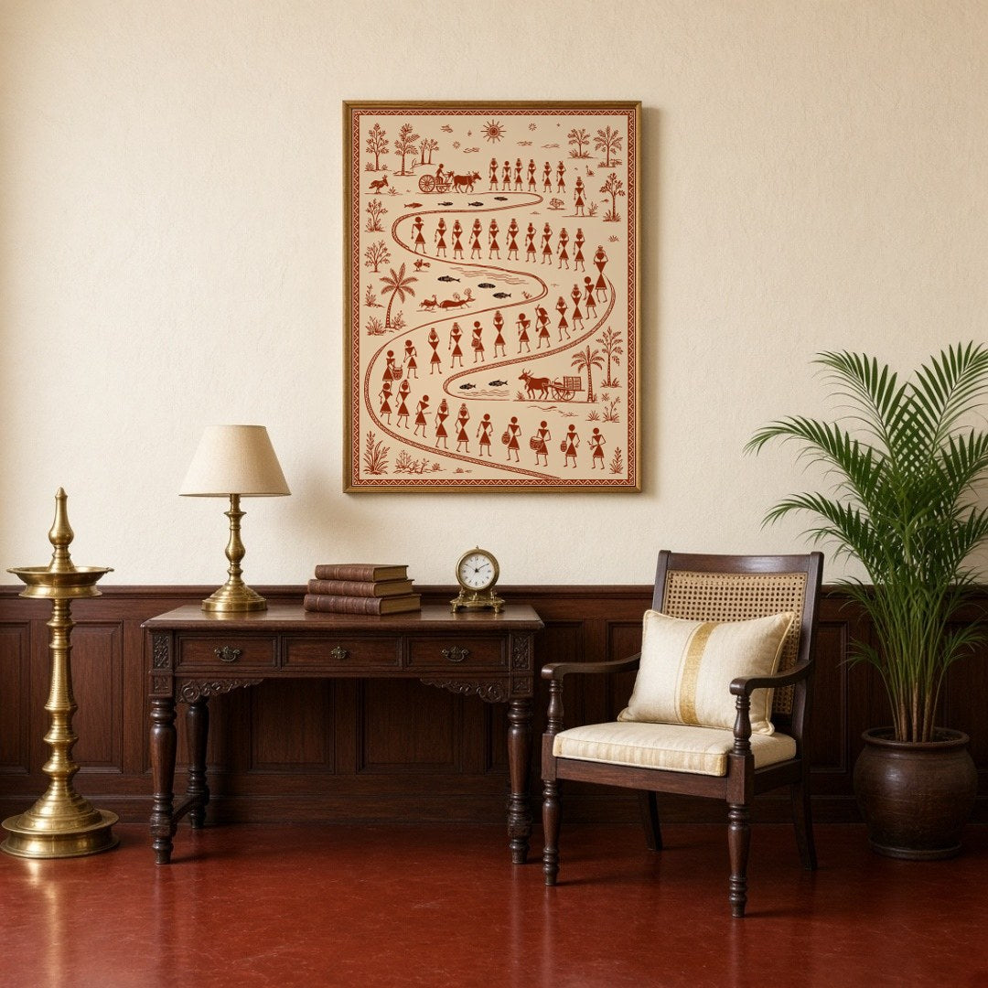 Immerse yourself in the vibrant tapestry of village life with this exquisite Warli Art print. for Study