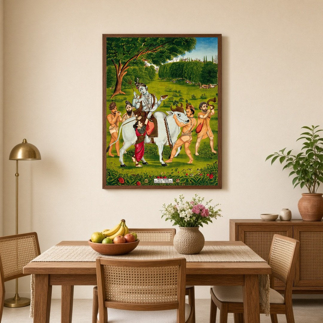 Immerse yourself in the divine journey of Lord Shiva and Goddess Parvati as they traverse a lush, for Dining